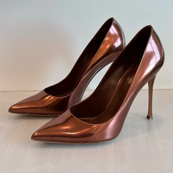 SALE SERGIO ROSSI GODIVA Red Dark Metallic Bronze Patent Leather Point Toe Pumps - Picture 7 of 12